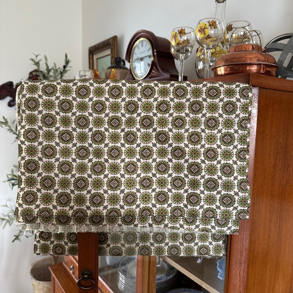 VTG 70s Retro Cotton Fabric Olive Green Orange Geometric Medallion Print 3 yards